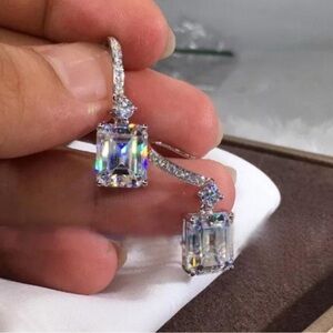 New Emerald Style Silver Diamond Drop French Hook Earrings